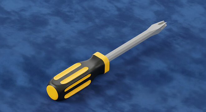 Flathead screwdriver with yellow and black handle, tool for repairs and DIY projects, isolated on a textured blue background