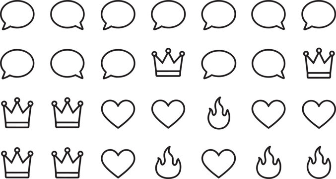 Set of outline speech bubbles, crowns, hearts, and flame icons Vector Illustration on transparency grid background.