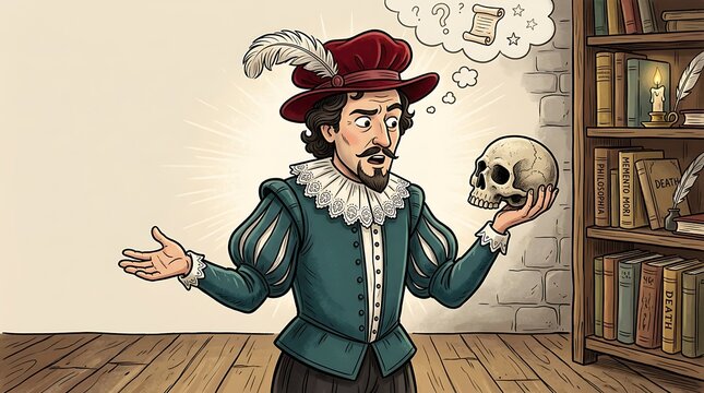 Historical actor in jester costume holding skull prop against vintage wall backdrop for theater performance
