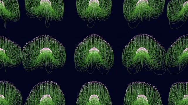 Abstract underwater footage of bioluminescent green jellyfish shapes drifting in a repeating pattern on a dark blue background, ideal for marine, science, and design themes