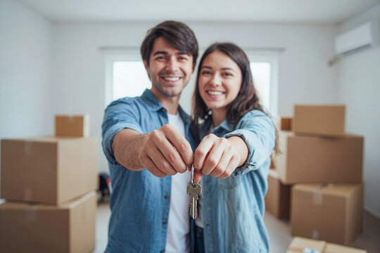 Smile couple man and woman holding house key with move into new house, home, apartment with box unpack in background