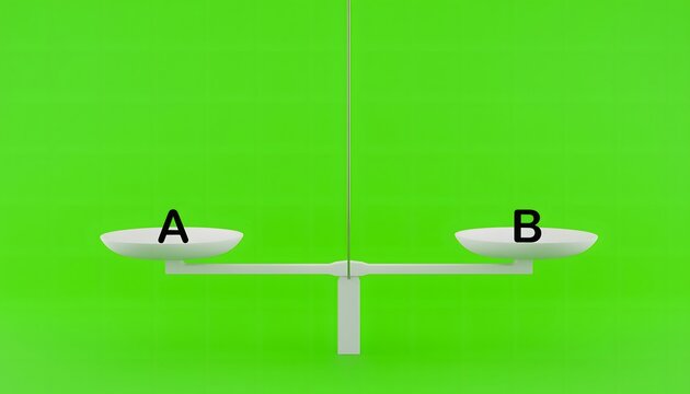 Abstract conceptual scale balance with options A and B isolated on a green background, representing A/B testing and decision making.