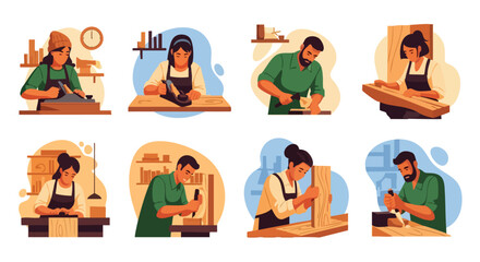 Fototapeta premium Carpentry Workshop: Artisans Crafting Wood. Flat Illustration Style.