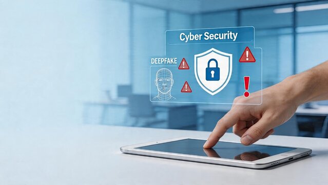 Cyber Security concept man finger touch tablet screen holographic interface with shield lock icon deepfake warning protection against online fraud data safety and digital threat