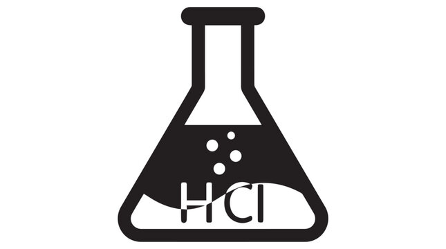 Hydrochloric Acid in Laboratory Flask Vector Illustration, Minimalist Science Design with Bubbles