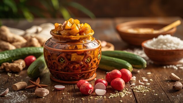 Homemade Indian pickle with ginger, garlic, and green chili
