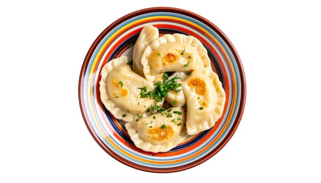 A plate of dumplings on a colorful plate