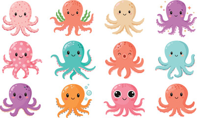 Obraz premium Large collection of cute cartoon octopus characters in various colors and poses for children sea life educational illustrations or nursery decor.