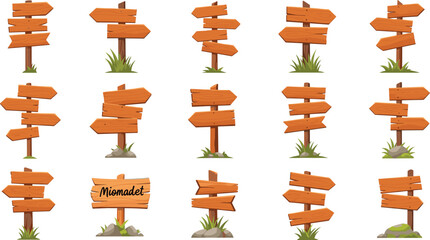 Large set of blank wooden directional signs and arrows with grass and rocks for rustic outdoor guidance or nature hiking maps. © MDFiroj
