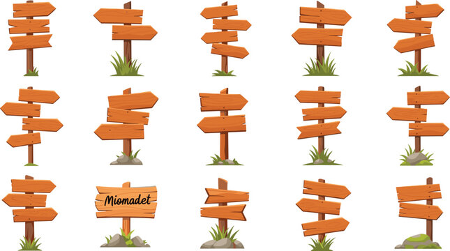 Large set of blank wooden directional signs and arrows with grass and rocks for rustic outdoor guidance or nature hiking maps.