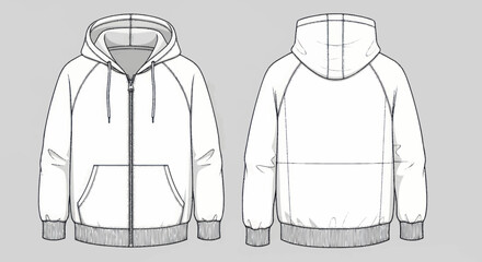 Front and back view of a white full zip up hoodie with raglan sleeves. © Wita