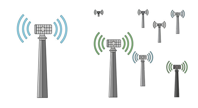 Illustration of various cell towers with signal waves.
