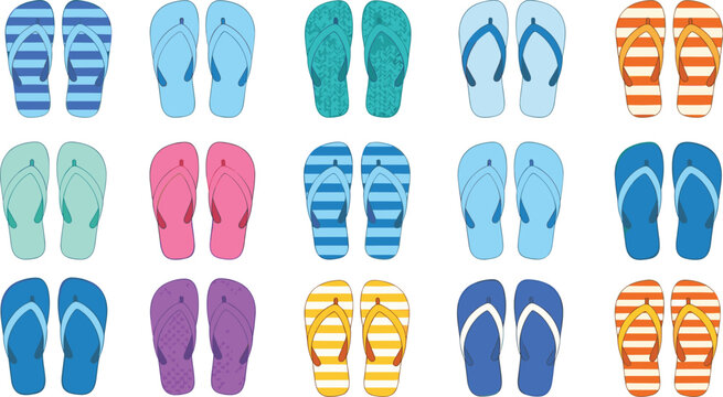 Colorful collection of summer flip flops vector illustrations featuring blue orange and purple patterns for beach and holiday footwear design.