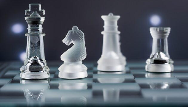 Elegant glass chess pieces, a knight in defense of the king, symbolizing risk and strategic depth on a reflective board.