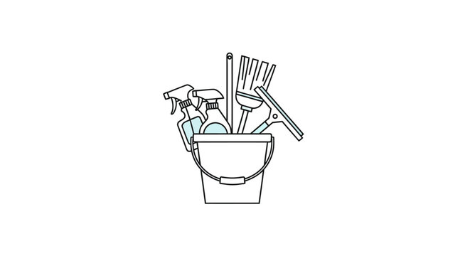 A bucket filled with cleaning tools.