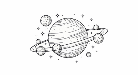 Hand Drawn Illustration of Saturn and its Moons in Space. © Wita