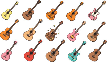 Naklejka premium Large collection of hand drawn acoustic and electric guitar vectors featuring unique star patterns for creative music school and concert branding.