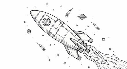 Hand drawn rocket flying through space with stars and planets. © Wita