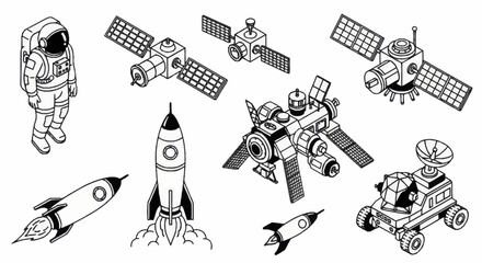 Hand drawn set of space exploration elements including rockets, satellites, and astronaut. © Wita