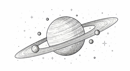 Hand Drawn Sketch of Saturn Planet with Rings and Moons in Space. © Wita