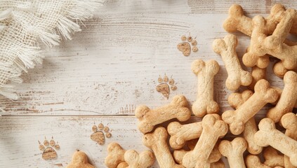 Fototapeta premium dog treats shaped like bones on a white wooden surface