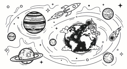 Hand drawn space exploration with planets, astronaut, and rocket. © Wita