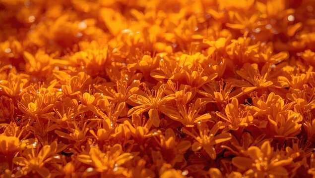 Fall ambiance. Close-up of saffron blossoms, macro shot. Bright orange autumn blooms, aerial perspective
