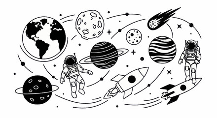 Hand-drawn space exploration with planets, astronauts, and rockets in a cosmic setting. © Wita