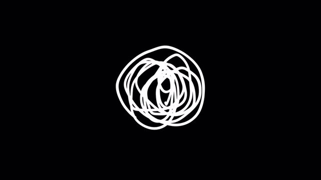 white tangle scrawl Hand drawn sketch animation 4k in transparent background.