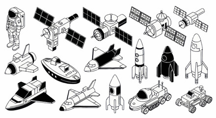 Isometric Space Exploration Elements Collection - Astronauts, Rockets, Shuttles, and Satellites. © Wita