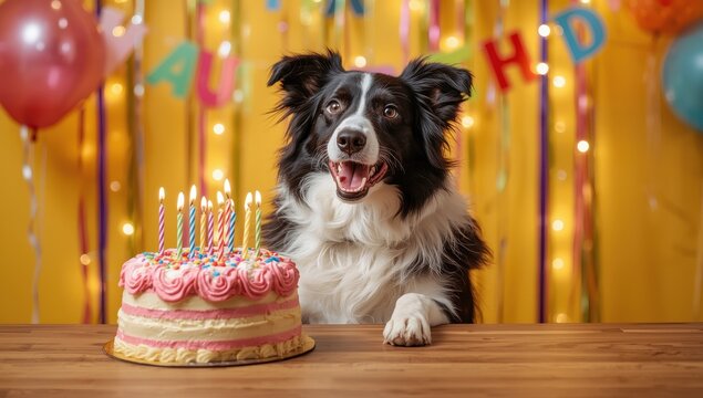 Joyful border collie placed his paws on the table by the birthday cake, eager to eat it