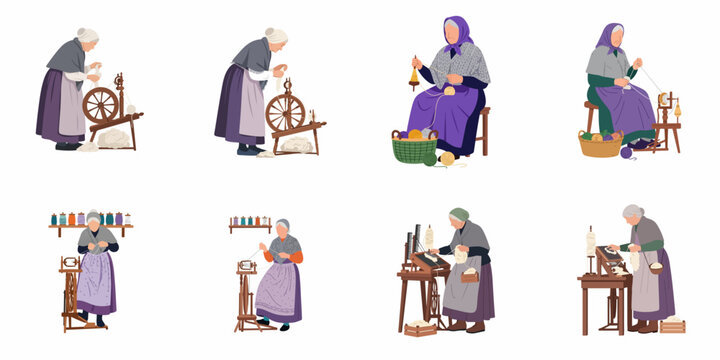 Set of illustrations featuring elderly women in traditional attire using spinning wheels and looms to process wool and create yarn.