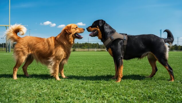 Golden Retriever and Rottweiler confronting each other on a sports field. Canine social theme