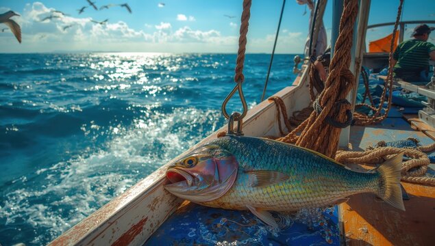 Gaff hook with freshly caught fish on a small boat, highlighting classic fishing methods