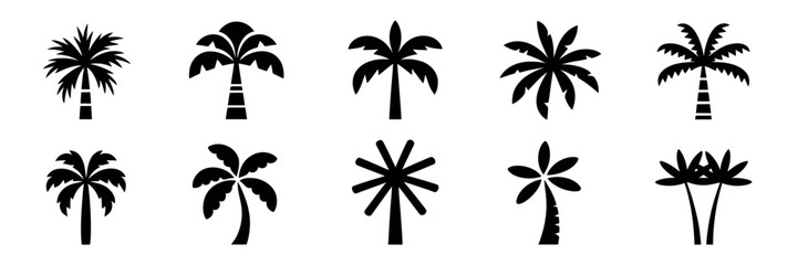 Vacation palm silhouette icons collection featuring palm trees and travel transport symbols vector set for holiday vacation beach and tourism design use © Sidratul Muntaha