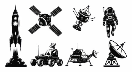 Monochrome Collection of Space Exploration Elements and Astronaut. © Wita