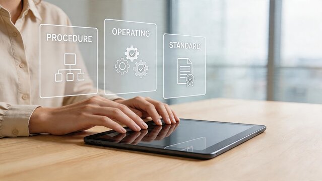Business professional using digital tablet with holographic interface displaying workflow diagrams operating procedures and quality standards modern office workspace technology