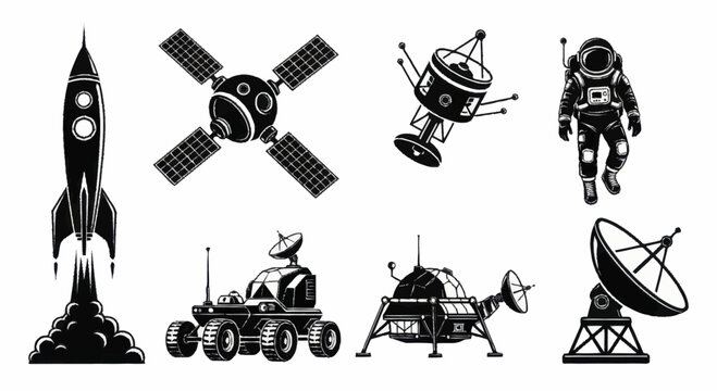 Monochrome Collection of Space Exploration Elements and Astronaut.