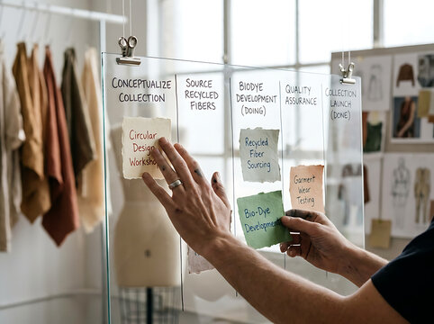 Creative fashion design process, hands planning collection and sourcing sustainable materials on a mood board