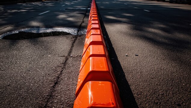 Line of orange plastic barriers on asphalt in outdoor parking with sunlight and shadows