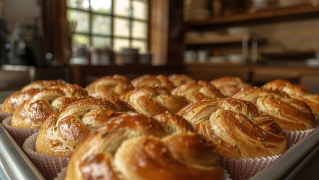Herb-infused braided rolls, baked to perfection and presented in paper cups. Their golden crust and shiny surface showcase Malaysia's artisanal baking