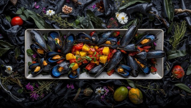 Elegant long dish featuring blue mussels on dark foliage and floral backdrop from above. Gourmet seafood plate with cooked shellfish, bivalves, tomatoes, and mango salsa