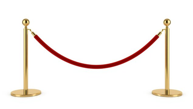 Gold stanchions with red rope on a white backdrop. Velvet barrier for cinema, club, theater, and VIP area access