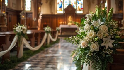 Obraz premium Flower decorations in a place of worship for a wedding, mainly in white and green, with a focused view