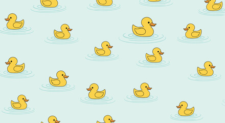 Fototapeta premium Fun and repetitive seamless pattern of classic yellow rubber ducks floating on a light blue water background with ripples.