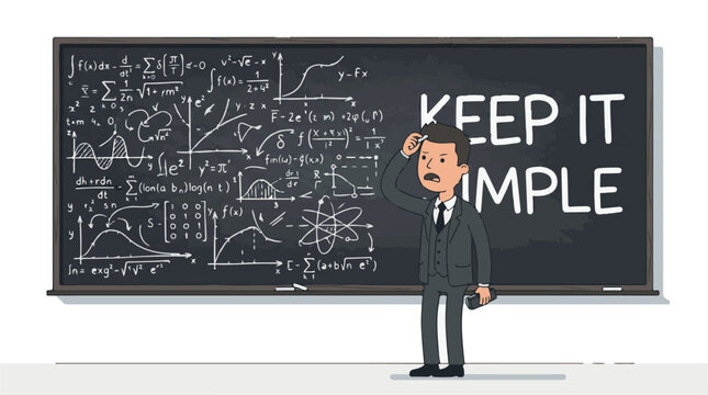business professional pointing at keep it simple message on chalkboard vector illustration