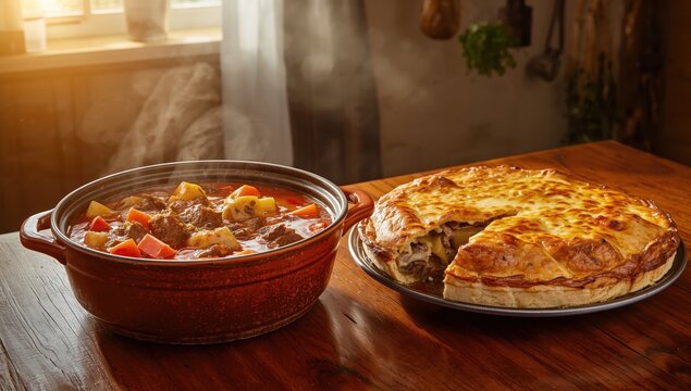 Homemade beef stew and cheese pie with a brown crust, meat and tomato stew topped with cheese and mushrooms in a baking dish on a wooden table. Classic cuisine