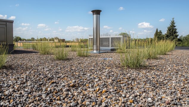Gravel covering on a flat green roof safeguards insulation layers and adds decoration. It includes exhaust from kitchen vents, a gas boiler chimney, and an air conditioning outlet