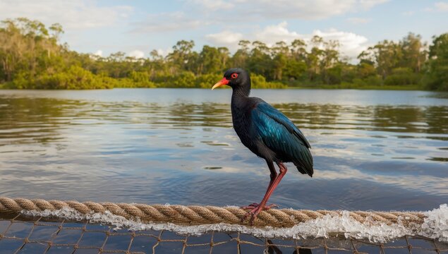 Image of a dark Australasian Swamphen on a mesh debris barrier in a freshwater lake in rural Australia