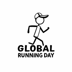 Fototapeta premium Simple stick figure running illustration with bold Global Running Day text. Minimalist vector design on clean white background, ideal for sports, fitness, and awareness themes